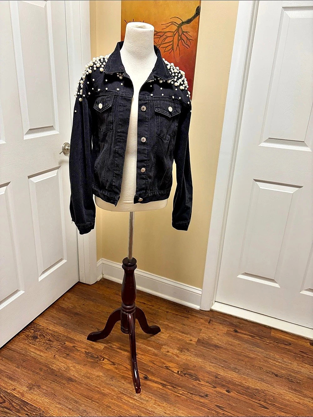 Black Pearl Studded Denim Jacket Size Small Like New